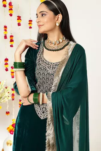 Teal Green Ethnic Motifs Yoke Design Zari Velvet Kurta With Trousers & Dupatta