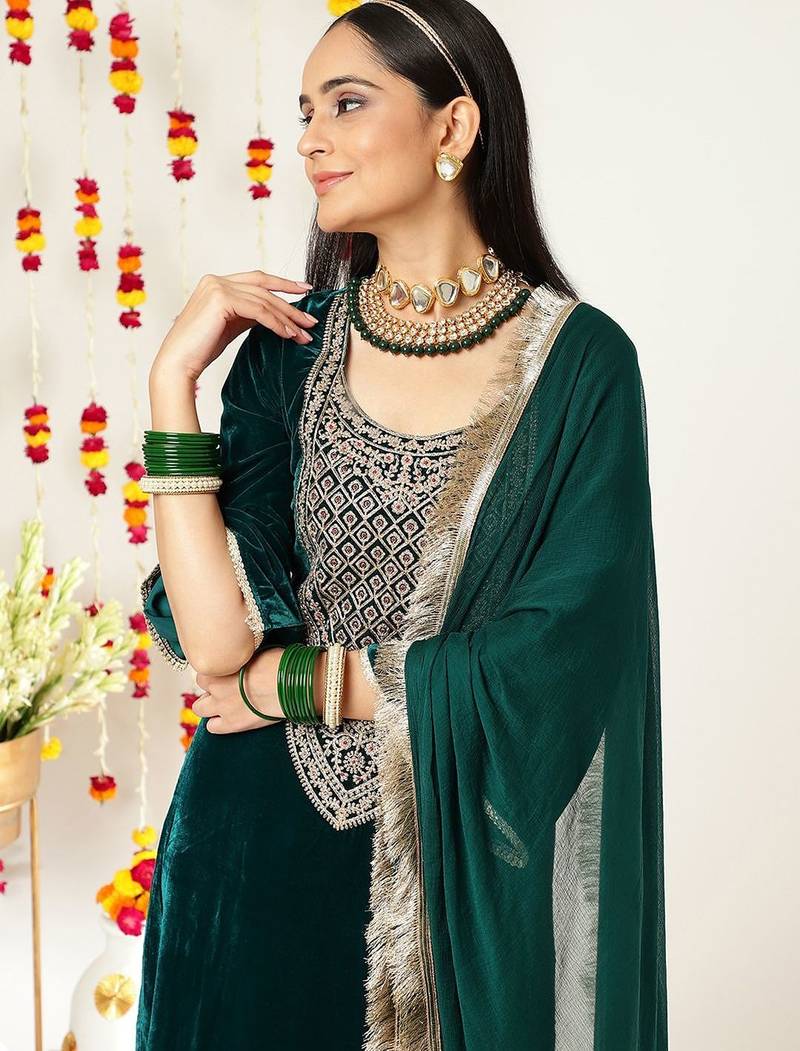 Teal Green Ethnic Motifs Yoke Design Zari Velvet Kurta With Trousers & Dupatta