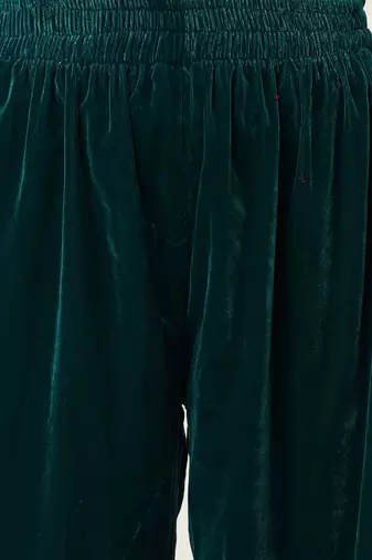 Teal Green Ethnic Motifs Yoke Design Zari Velvet Kurta With Trousers & Dupatta