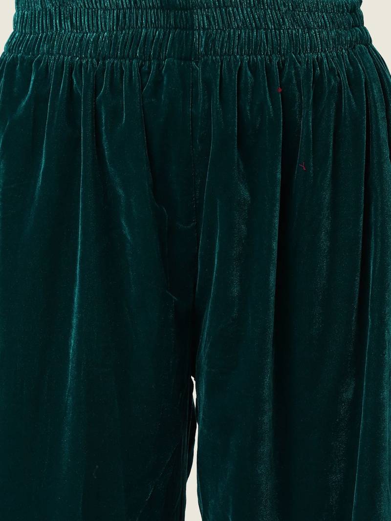 Teal Green Ethnic Motifs Yoke Design Zari Velvet Kurta With Trousers & Dupatta