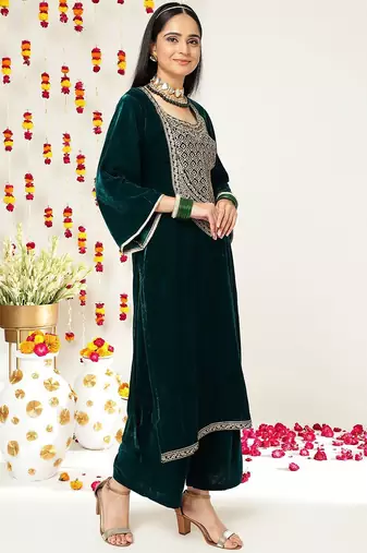 Teal Green Ethnic Motifs Yoke Design Zari Velvet Kurta With Trousers & Dupatta