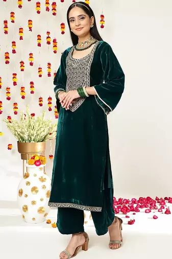 Teal Green Ethnic Motifs Yoke Design Zari Velvet Kurta With Trousers & Dupatta