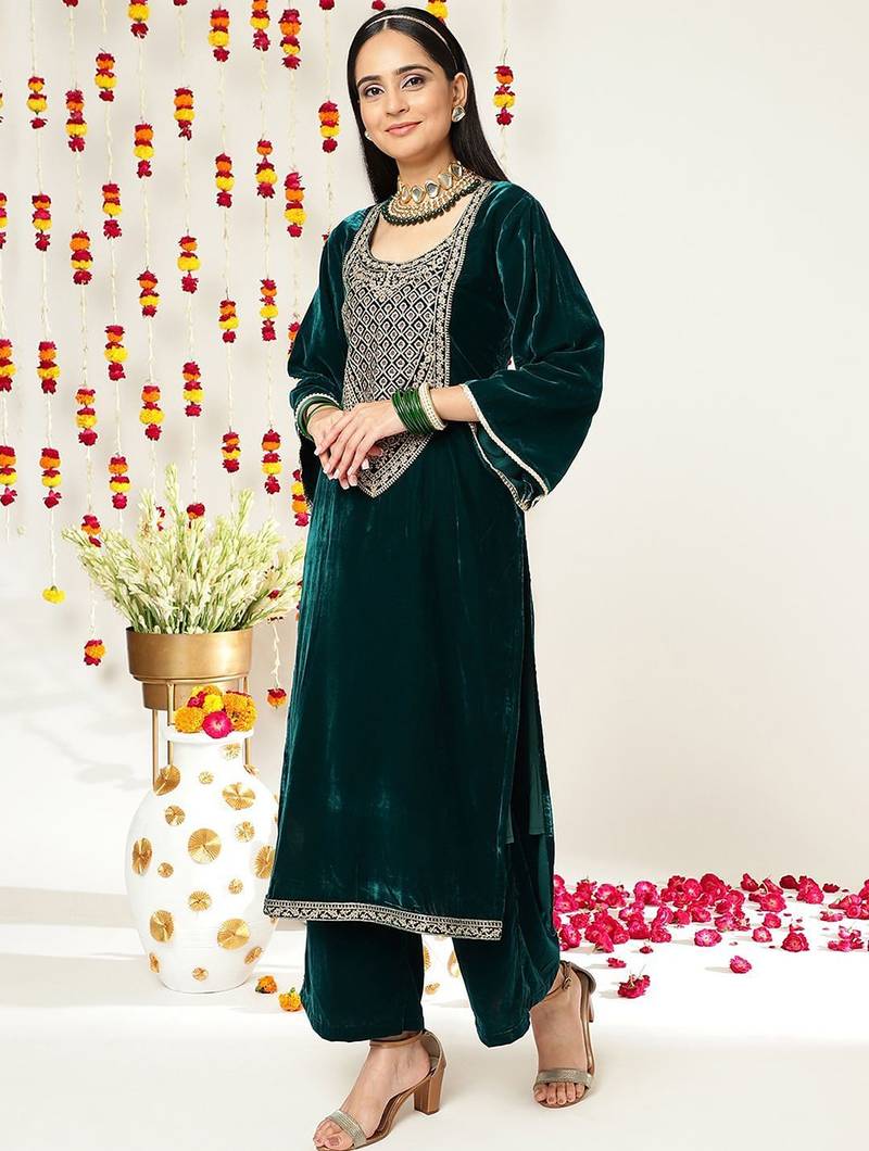 Teal Green Ethnic Motifs Yoke Design Zari Velvet Kurta With Trousers & Dupatta