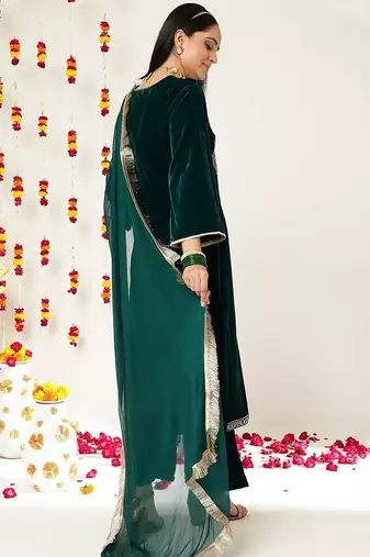 Teal Green Ethnic Motifs Yoke Design Zari Velvet Kurta With Trousers & Dupatta