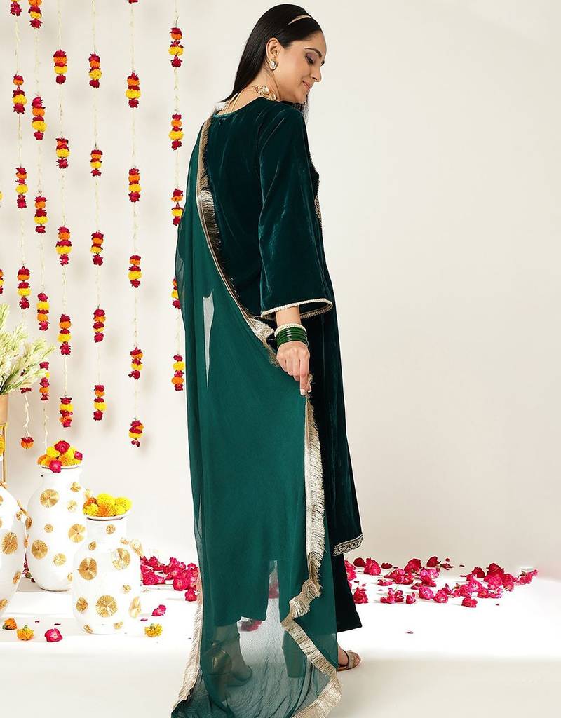 Teal Green Ethnic Motifs Yoke Design Zari Velvet Kurta With Trousers & Dupatta