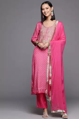 Women Floral Yoke Design Regular Pure Cotton Kurta with Trousers & Dupatta