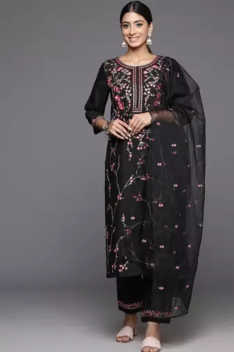 Women Floral Embroidered Regular Thread Work Kurta with Trousers & Dupatta