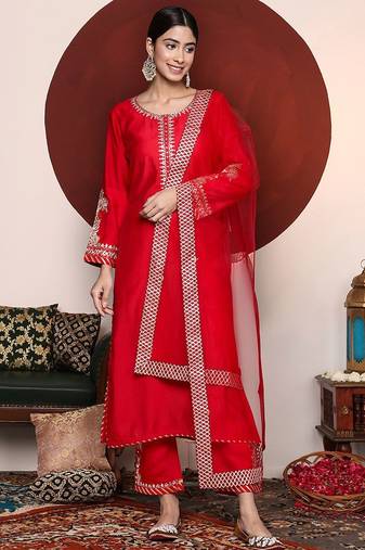 Ethnic Motifs Embroidered Zari Kurta with Trousers & Dupatta