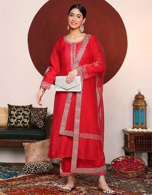 Ethnic Motifs Embroidered Zari Kurta with Trousers & Dupatta 7