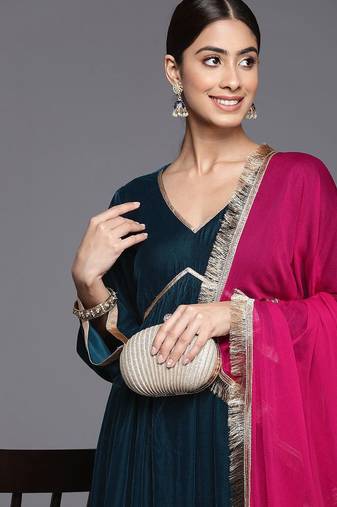 V- Neck Aliya Cut Winter A Line Kurta & Palazzo With Contrast Dupatta