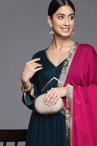 V- Neck Aliya Cut Winter A Line Kurta & Palazzo With Contrast Dupatta