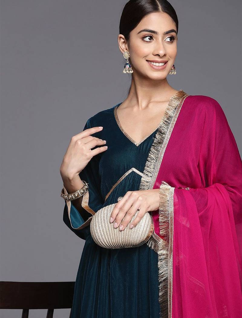V- Neck Aliya Cut Winter A Line Kurta & Palazzo With Contrast Dupatta