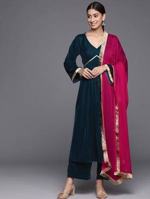 V- Neck Aliya Cut Winter A Line Kurta & Palazzo With Contrast Dupatta 5