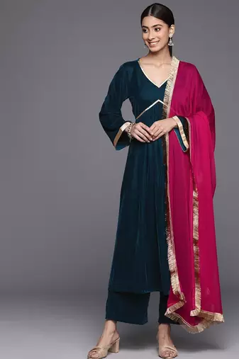 V- Neck Aliya Cut Winter A Line Kurta & Palazzo With Contrast Dupatta