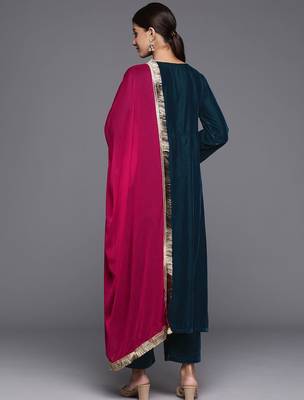 V- Neck Aliya Cut Winter A Line Kurta & Palazzo With Contrast Dupatta 7