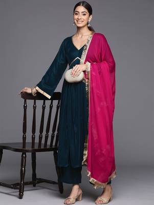 V- Neck Aliya Cut Winter A Line Kurta & Palazzo With Contrast Dupatta 8