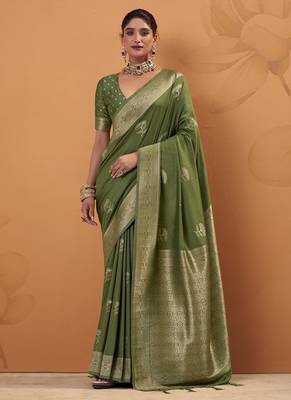 Olive tussar silk saree with rich zari border saree 1