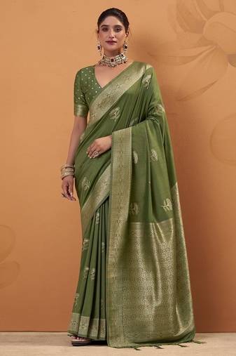 Olive tussar silk saree with rich zari border saree