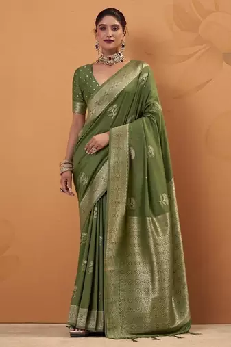 Olive tussar silk saree with rich zari border saree