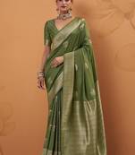Olive tussar silk saree with rich zari border saree
