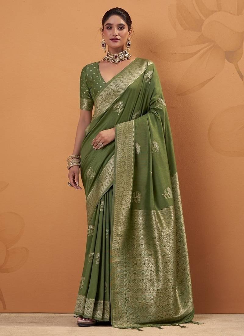 Olive tussar silk saree with rich zari border saree