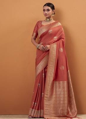 Rust tussar silk saree with rich zari border saree 1