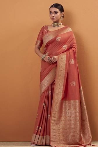 Rust tussar silk saree with rich zari border saree