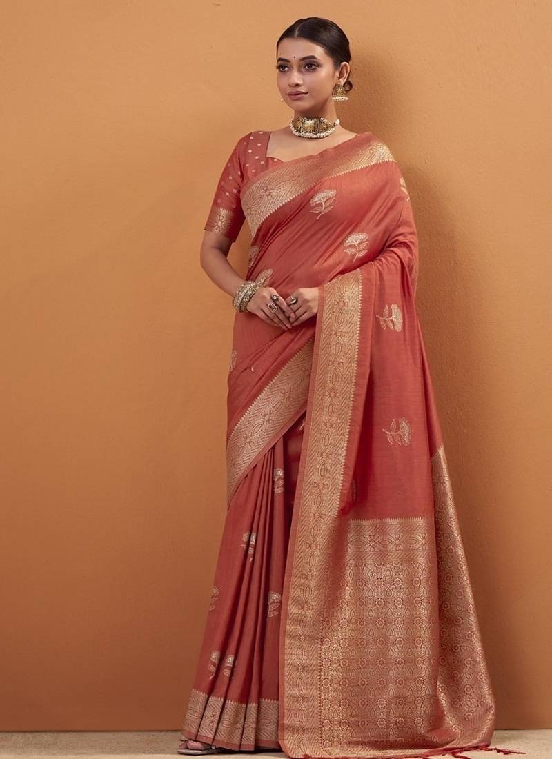 Rust tussar silk saree with rich zari border saree