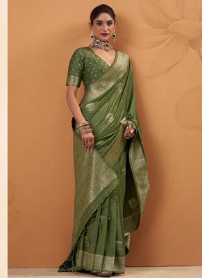 Olive tussar silk saree with rich zari border saree 2