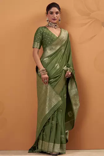 Olive tussar silk saree with rich zari border saree