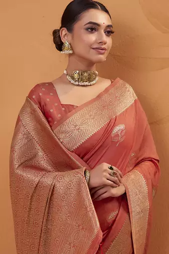 Rust tussar silk saree with rich zari border saree