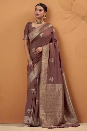 Brown tussar silk saree with rich zari border saree