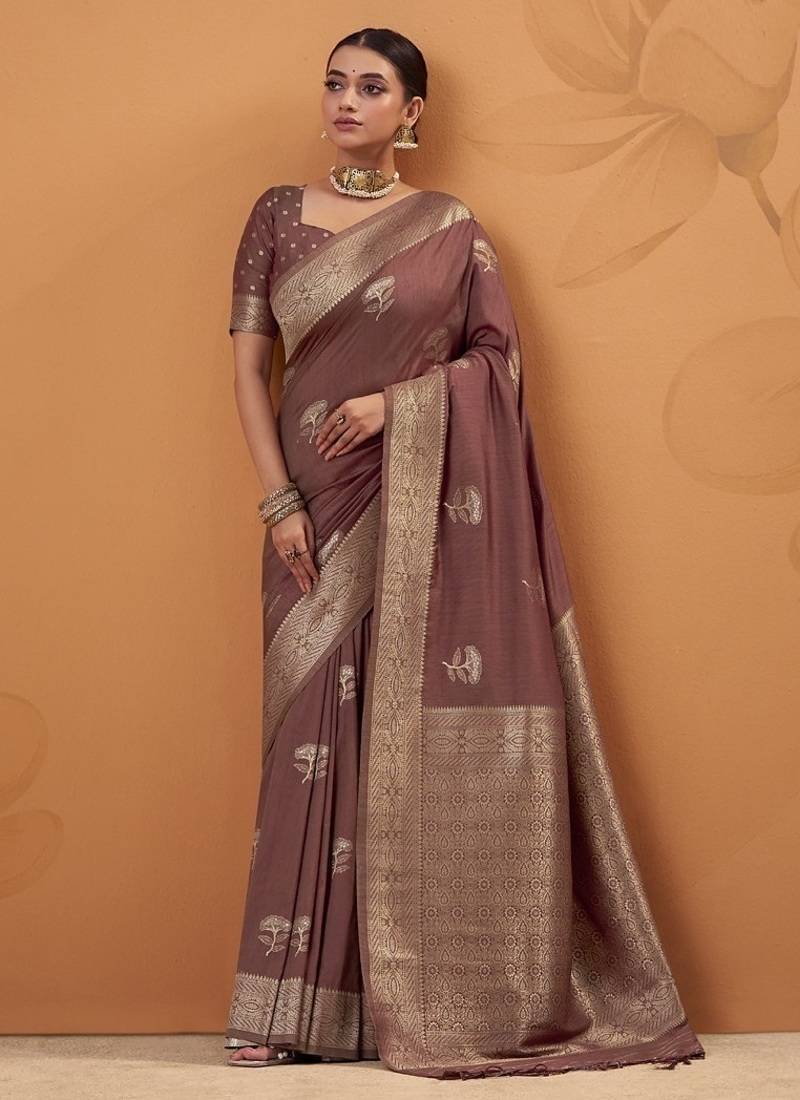 Brown tussar silk saree with rich zari border saree