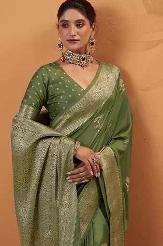 Olive tussar silk saree with rich zari border saree