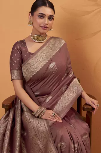 Brown tussar silk saree with rich zari border saree