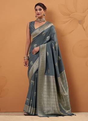 Gray tussar silk saree with rich zari border saree 1