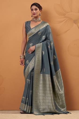 Gray tussar silk saree with rich zari border saree