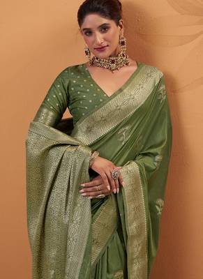 Olive tussar silk saree with rich zari border saree 4