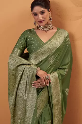 Olive tussar silk saree with rich zari border saree