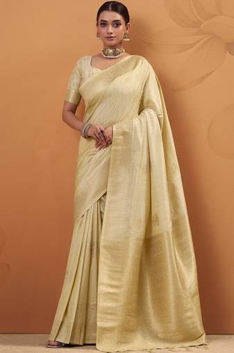 Off white tussar silk saree with rich zari border saree