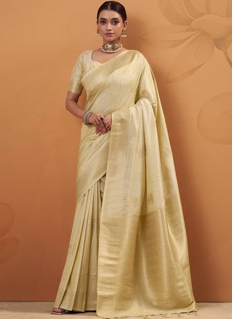 Off white tussar silk saree with rich zari border saree