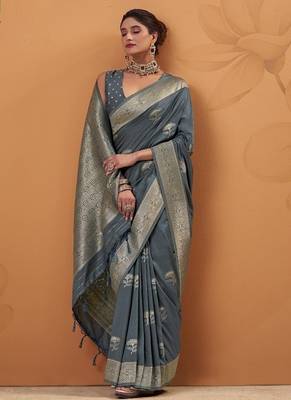 Gray tussar silk saree with rich zari border saree 2