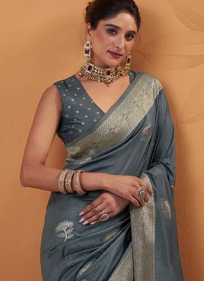 Gray tussar silk saree with rich zari border saree 3