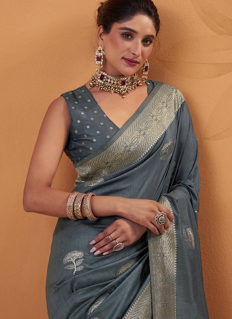 Gray tussar silk saree with rich zari border saree