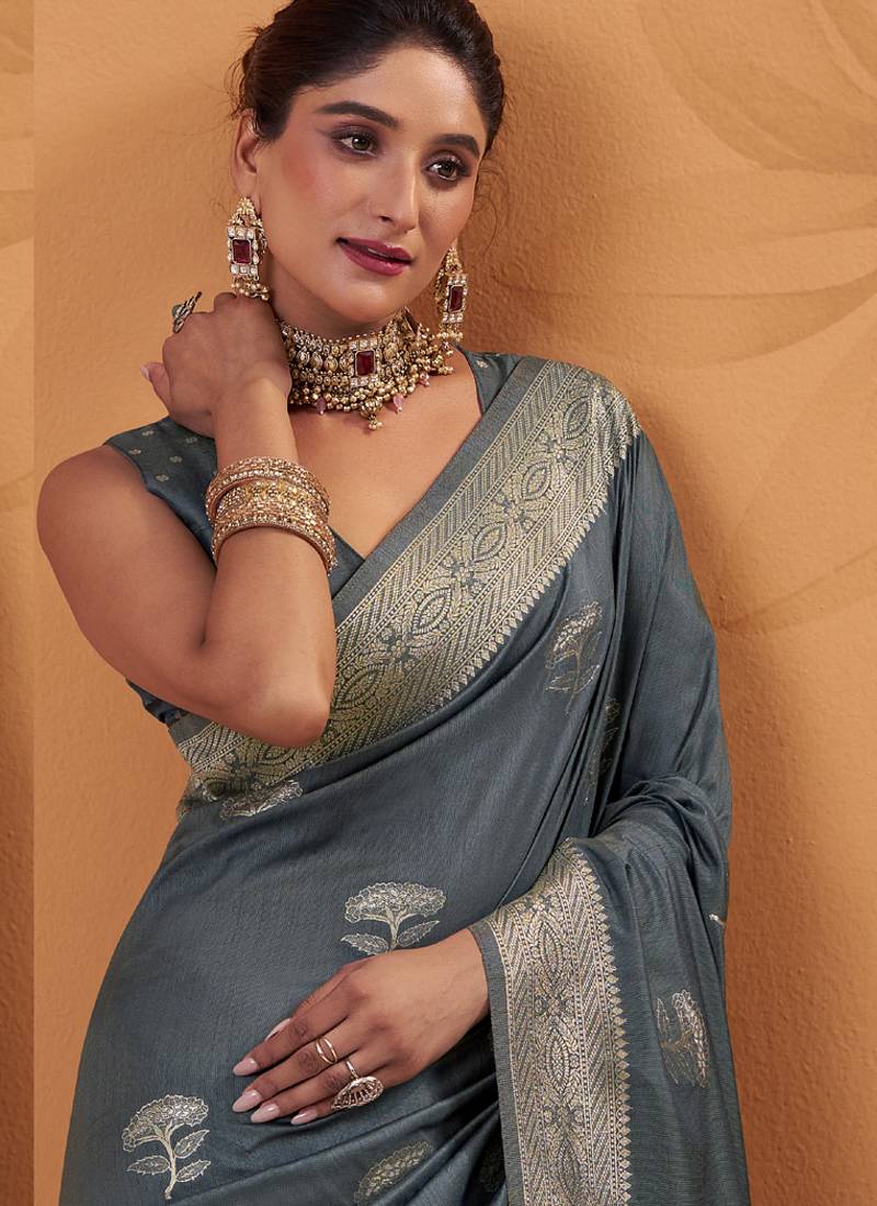 Gray tussar silk saree with rich zari border saree
