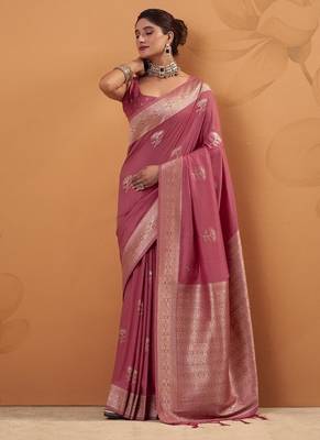 Rasberry tussar silk saree with rich zari border saree 1