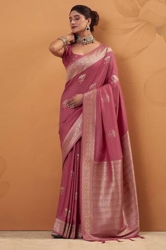 Rasberry tussar silk saree with rich zari border saree