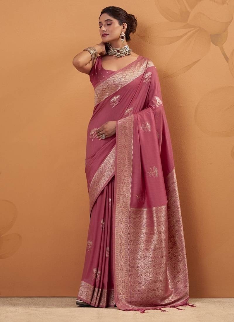 Rasberry tussar silk saree with rich zari border saree