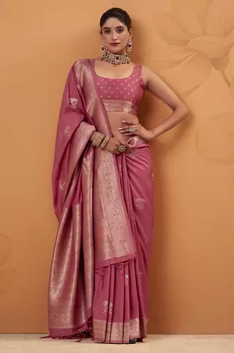 Rasberry tussar silk saree with rich zari border saree