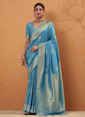 Sky blue tussar silk saree with rich zari border saree 1